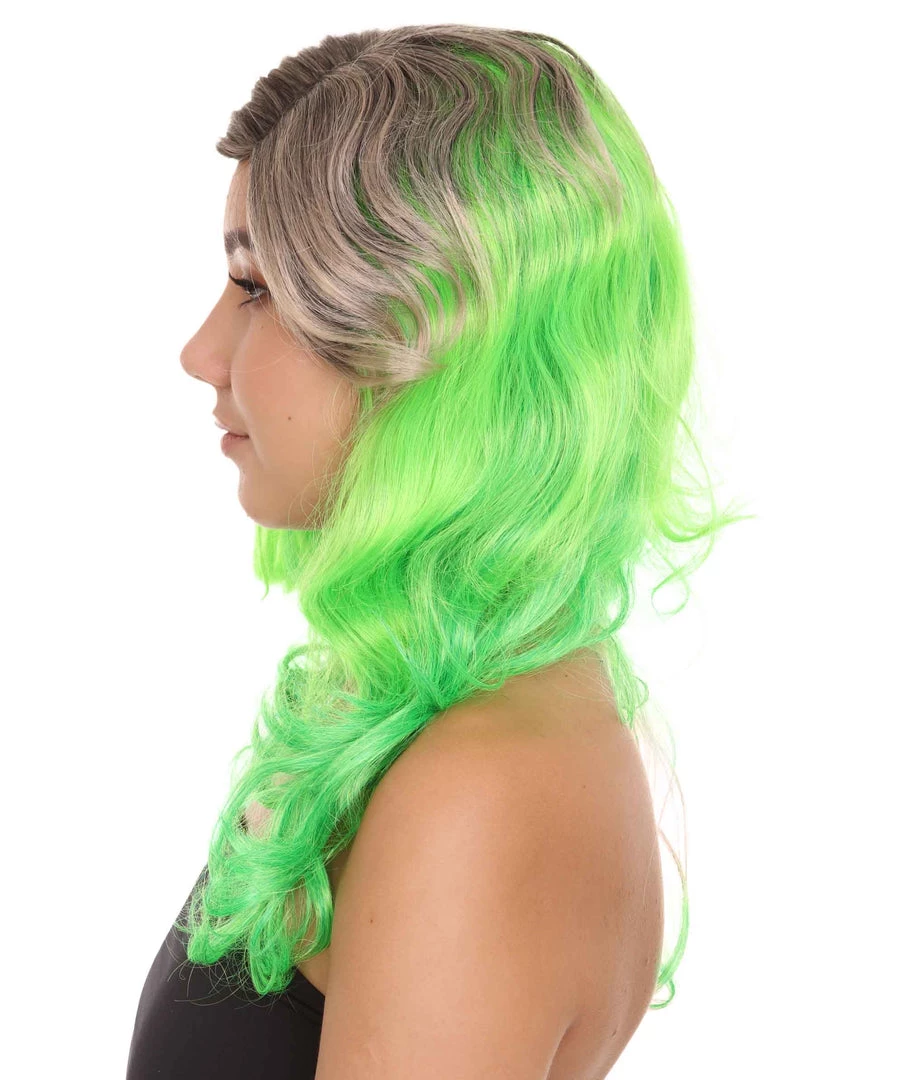 HPO Women's Long Wavy Ombre Green Womens Wig | Fancy Party Event Ready Halloween Wig | Premium Breathable Capless Cap