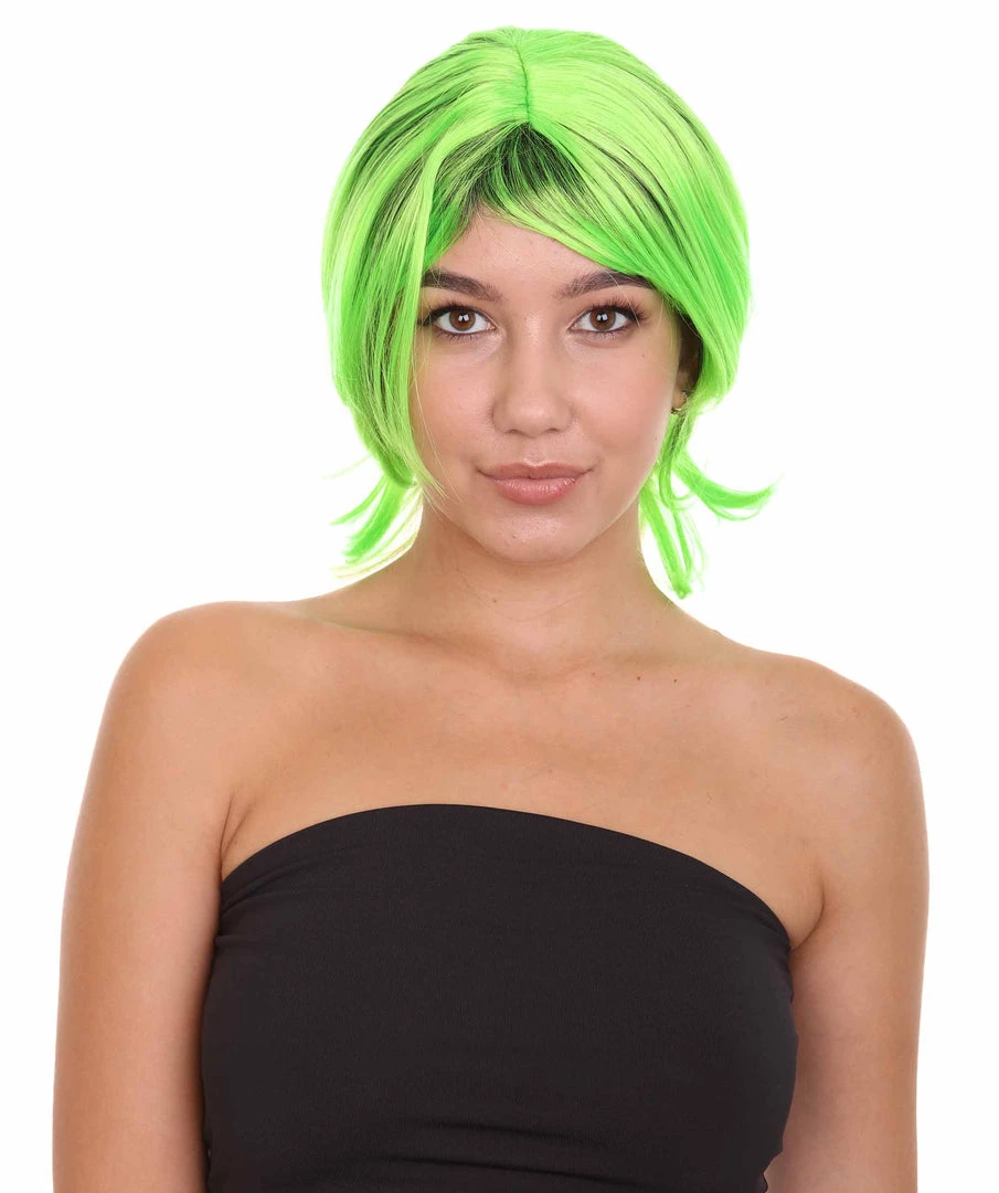 HPO Hard Rockin Black Green Womens Wig | Long Bob Crazy Fancy Halloween Wig | Premium Breathable Capless Cap Women's