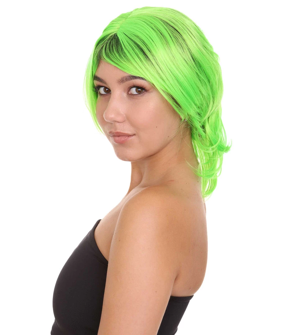 HPO Hard Rockin Black Green Womens Wig | Long Bob Crazy Fancy Halloween Wig | Premium Breathable Capless Cap Women's