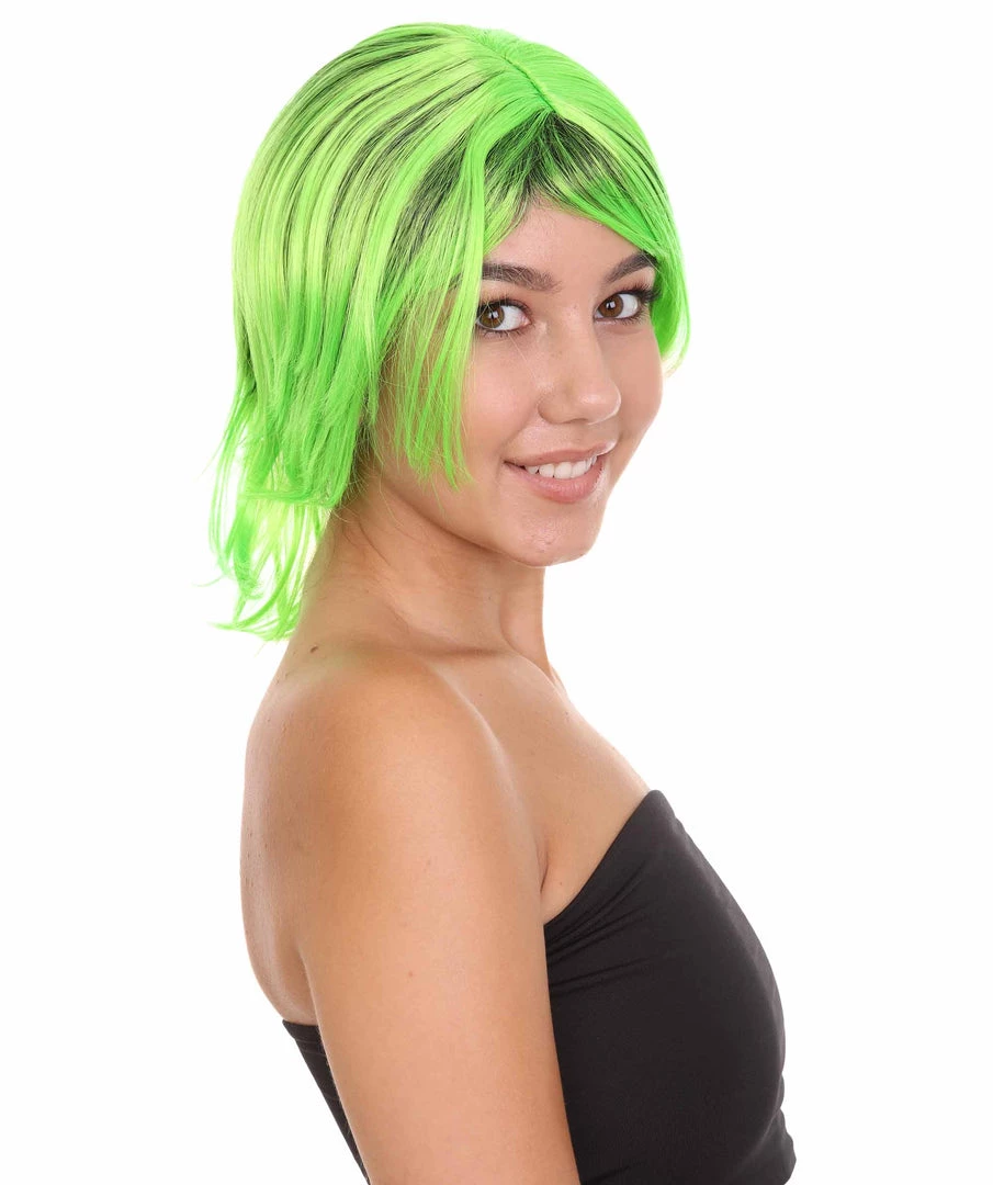 HPO Hard Rockin Black Green Womens Wig | Long Bob Crazy Fancy Halloween Wig | Premium Breathable Capless Cap Women's