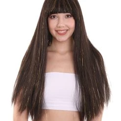 HPO Womens Egyptian Queen Long Straight Gold Tinsel Wig | Black & Gold Tinsel Historical Wigs | Premium Breathable Capless Cap