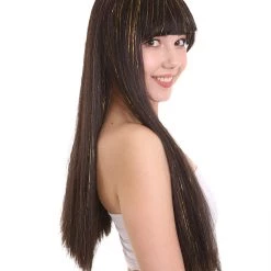 HPO Womens Egyptian Queen Long Straight Gold Tinsel Wig | Black & Gold Tinsel Historical Wigs | Premium Breathable Capless Cap