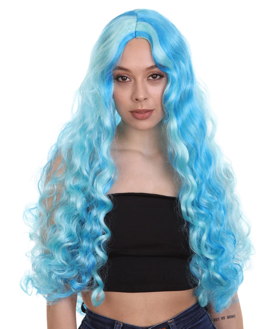 HPO Monster Womens Wig | Long Sky Blue Wavy Glamour Cosplay Halloween Wig | Premium Breathable Capless Cap