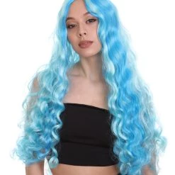 HPO Monster Womens Wig | Long Sky Blue Wavy Glamour Cosplay Halloween Wig | Premium Breathable Capless Cap