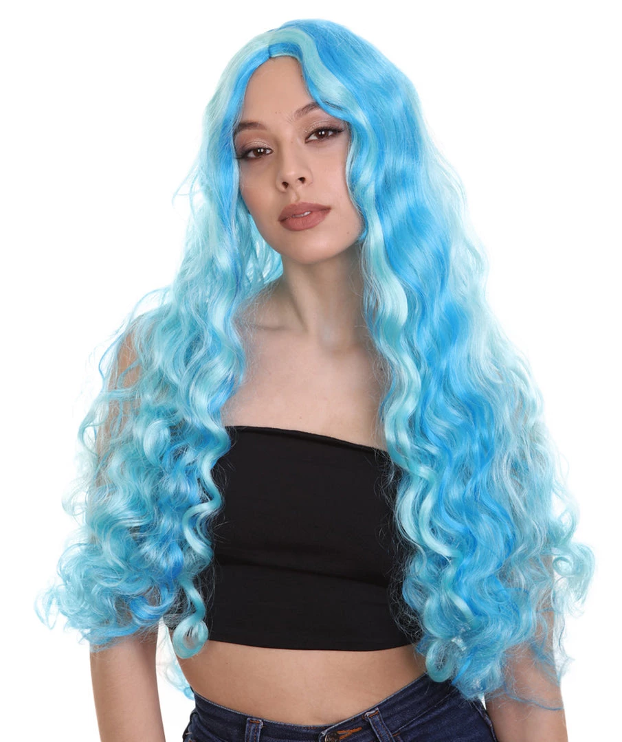 HPO Monster Womens Wig | Long Sky Blue Wavy Glamour Cosplay Halloween Wig | Premium Breathable Capless Cap