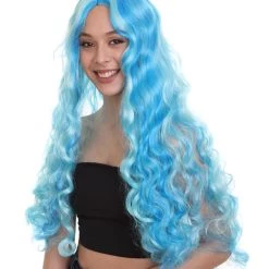HPO Monster Womens Wig | Long Sky Blue Wavy Glamour Cosplay Halloween Wig | Premium Breathable Capless Cap