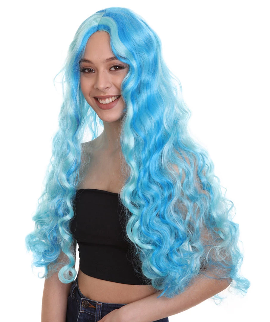 HPO Monster Womens Wig | Long Sky Blue Wavy Glamour Cosplay Halloween Wig | Premium Breathable Capless Cap