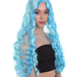 HPO Monster Womens Wig | Long Sky Blue Wavy Glamour Cosplay Halloween Wig | Premium Breathable Capless Cap