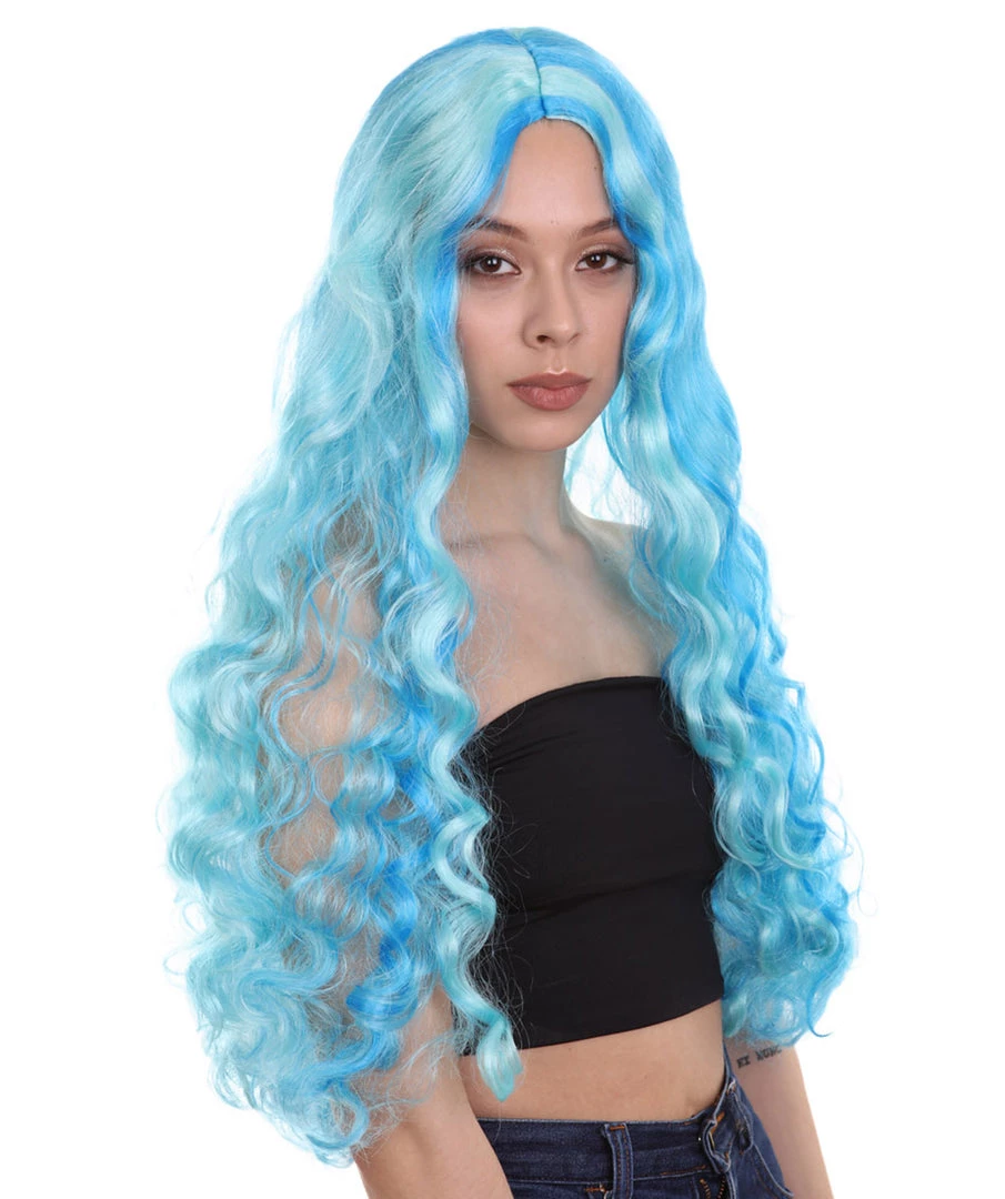 HPO Monster Womens Wig | Long Sky Blue Wavy Glamour Cosplay Halloween Wig | Premium Breathable Capless Cap
