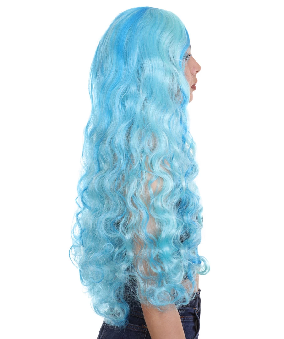 HPO Monster Womens Wig | Long Sky Blue Wavy Glamour Cosplay Halloween Wig | Premium Breathable Capless Cap