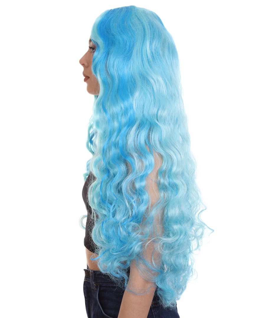 HPO Monster Womens Wig | Long Sky Blue Wavy Glamour Cosplay Halloween Wig | Premium Breathable Capless Cap