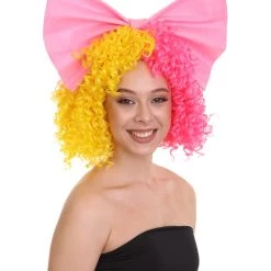 HPO Australian Singer Curly Womens Wig With Pink Bow | Thursday Multi Color Celebrity Wigs | Premium Breathable Capless Cap