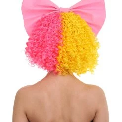 HPO Australian Singer Curly Womens Wig With Pink Bow | Thursday Multi Color Celebrity Wigs | Premium Breathable Capless Cap