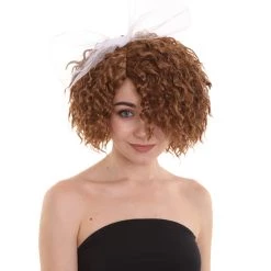 HPO Womens 80s Wild Curly Wig With Bow | Brown Vintage Wigs | Premium Breathable Capless Cap