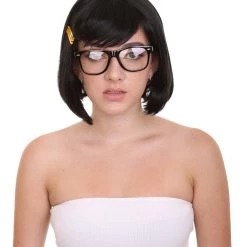 HPO Womens Comic Black Wig With Glasses Set | TV/Movie Wigs | Premium Breathable Capless Cap Women's