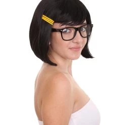 HPO Womens Comic Black Wig With Glasses Set | TV/Movie Wigs | Premium Breathable Capless Cap Women's