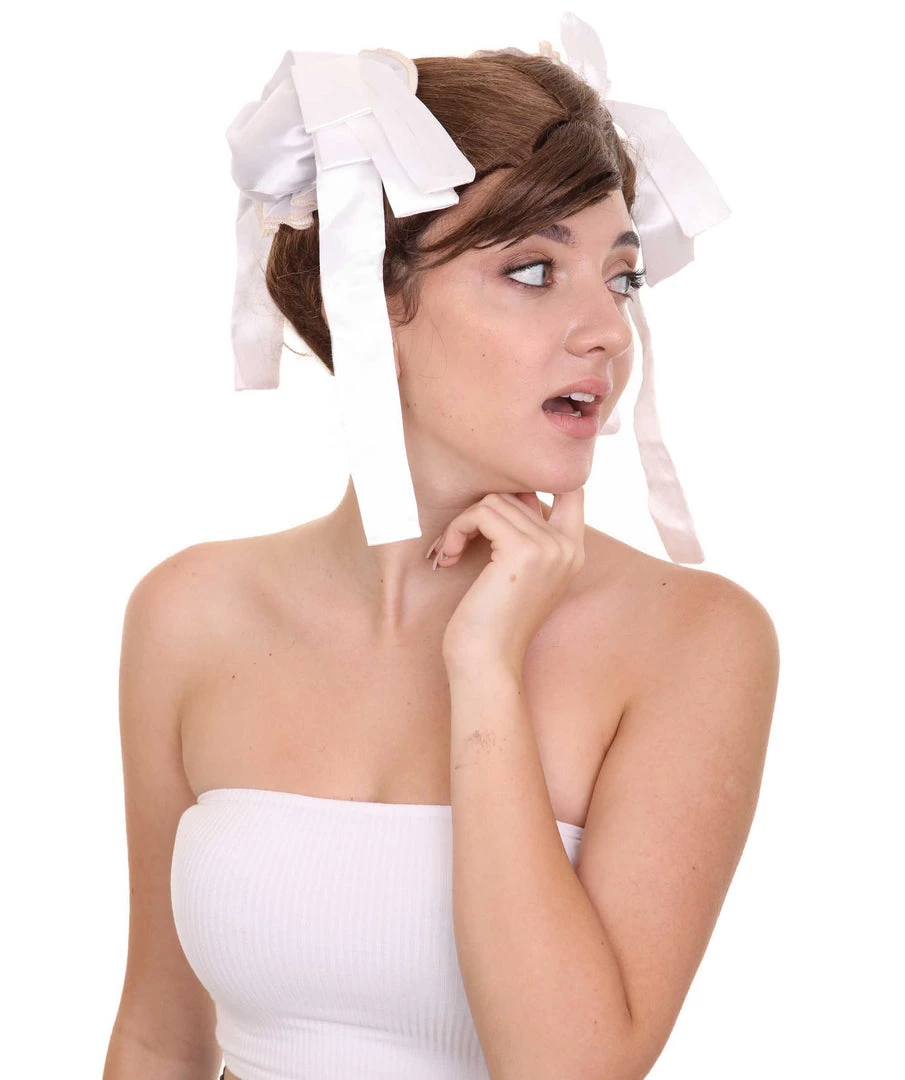 HPO Womens Short Length Brown Straight Pinned Up White Ox Horns Buns With Ribbons Cosplay Wig | Premium Breathable Capless Cap