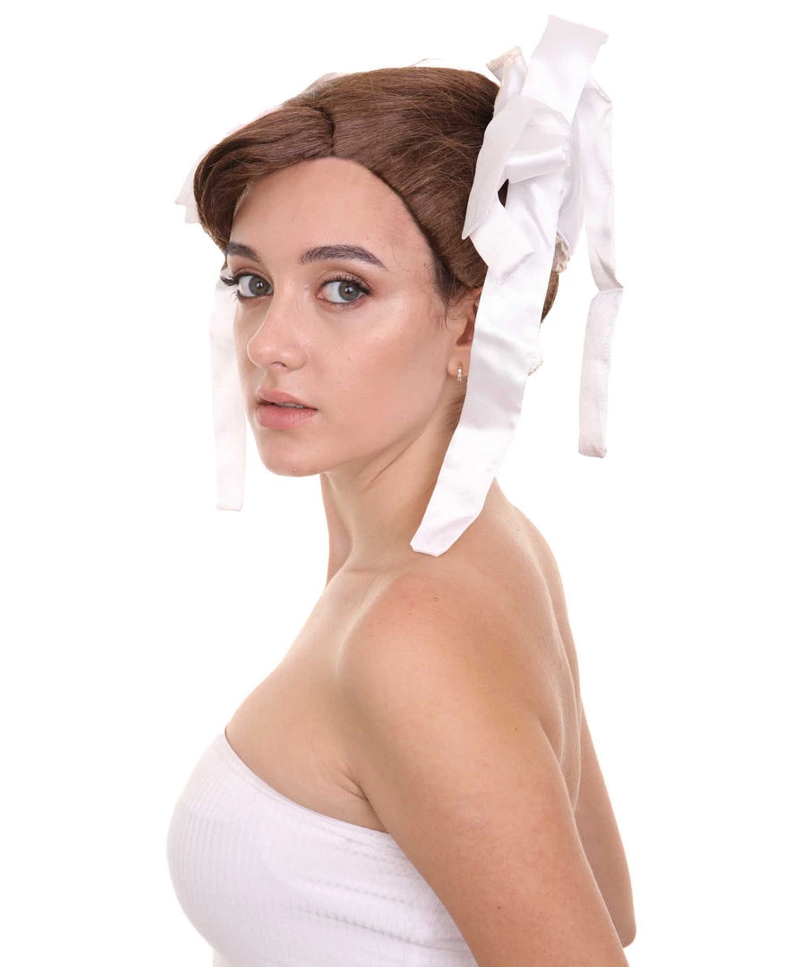 HPO Womens Short Length Brown Straight Pinned Up White Ox Horns Buns With Ribbons Cosplay Wig | Premium Breathable Capless Cap