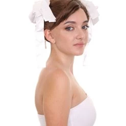 HPO Womens Short Length Brown Straight Pinned Up White Ox Horns Buns With Ribbons Cosplay Wig | Premium Breathable Capless Cap