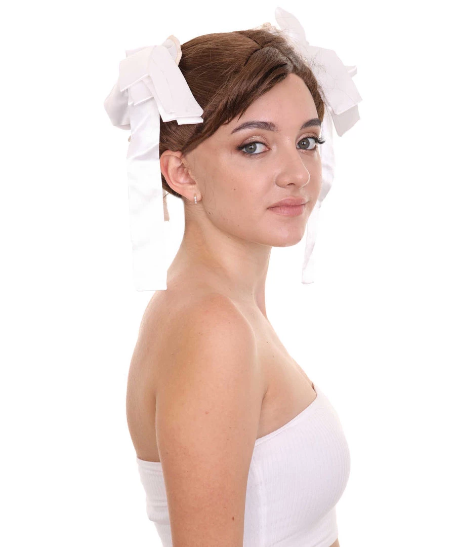 HPO Womens Short Length Brown Straight Pinned Up White Ox Horns Buns With Ribbons Cosplay Wig | Premium Breathable Capless Cap