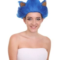 HPO Women's Spiked Long Blue Cosplay Hedgehog Wig With Ears - Capless Cap Design