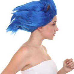HPO Women's Spiked Long Blue Cosplay Hedgehog Wig With Ears - Capless Cap Design