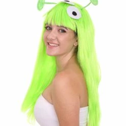HPO Women's Womens Aliens Wig With 2 Antennaes | Green TV/Movie Wigs | Premium Breathable Capless Cap