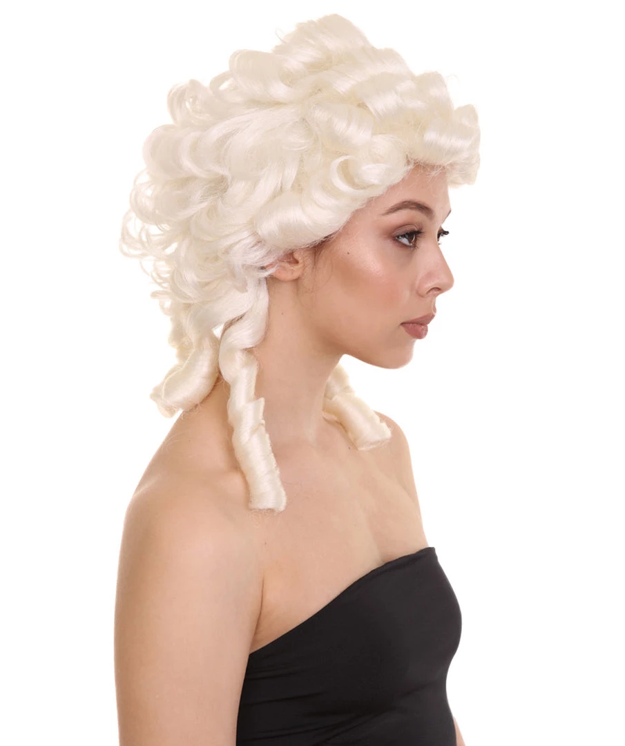 HPO Women's Colonial Lady Curly Wigs | White Historical Cosplay Wigs | Premium Breathable Capless Cap