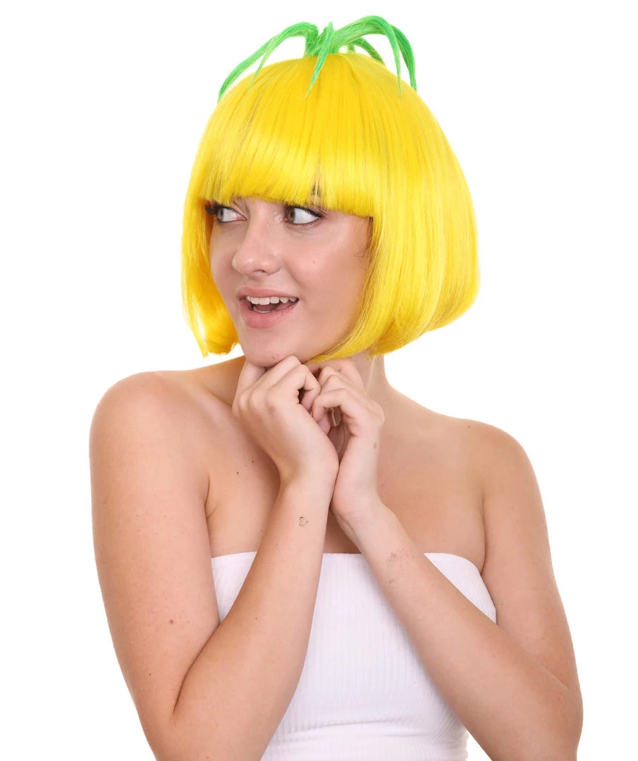 HPO Pineapple Unisex Wig | Yellow Fruit Party Ready Fancy Cosplay Halloween Wig | Premium Breathable Capless Cap