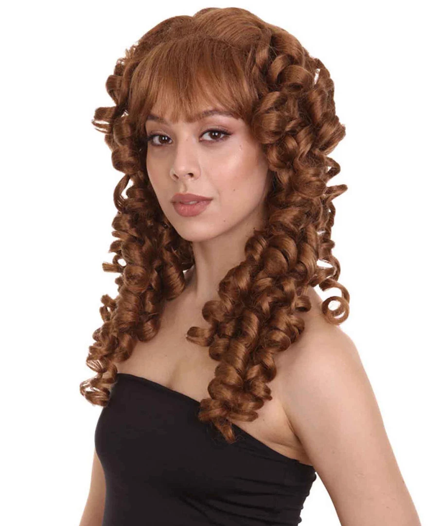 HPO Womens Colonial Lady Wig | Brown Curly Historical Wigs | Premium Breathable Capless Cap Women's
