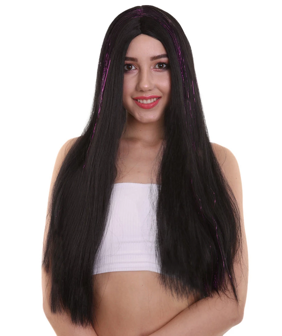 HPO Womens Long Black Wig With Purple Tinsel Streaks | Halloween Rave Wig | Premium Breathable Capless Cap