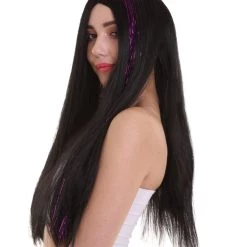 HPO Womens Long Black Wig With Purple Tinsel Streaks | Halloween Rave Wig | Premium Breathable Capless Cap
