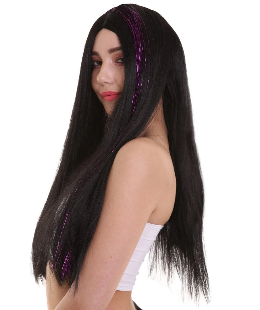 HPO Womens Long Black Wig With Purple Tinsel Streaks | Halloween Rave Wig | Premium Breathable Capless Cap