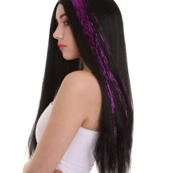 HPO Womens Long Black Wig With Purple Tinsel Streaks | Halloween Rave Wig | Premium Breathable Capless Cap
