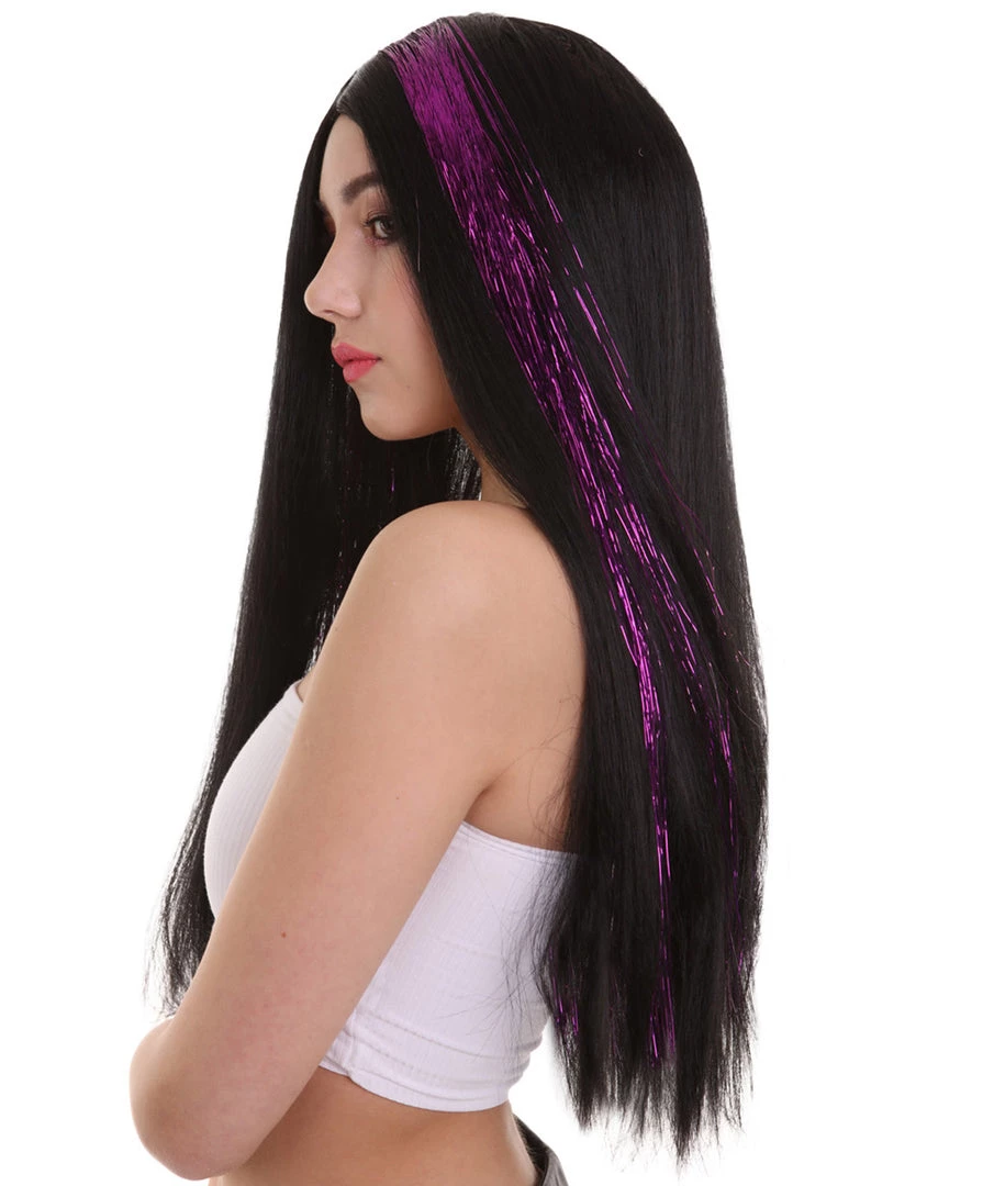 HPO Womens Long Black Wig With Purple Tinsel Streaks | Halloween Rave Wig | Premium Breathable Capless Cap