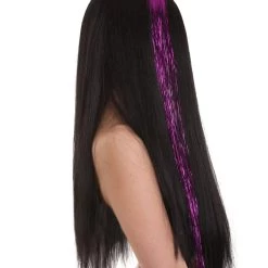 HPO Womens Long Black Wig With Purple Tinsel Streaks | Halloween Rave Wig | Premium Breathable Capless Cap