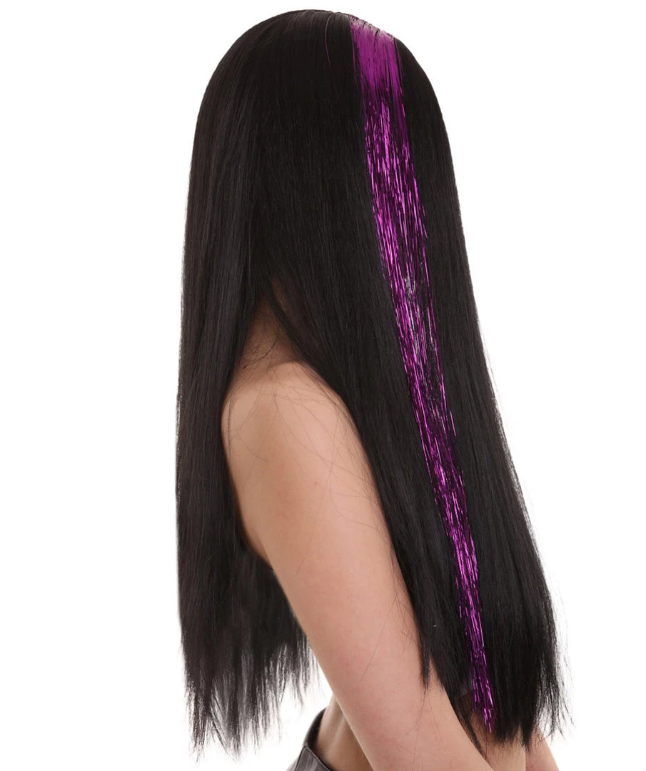 HPO Womens Long Black Wig With Purple Tinsel Streaks | Halloween Rave Wig | Premium Breathable Capless Cap