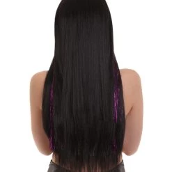 HPO Womens Long Black Wig With Purple Tinsel Streaks | Halloween Rave Wig | Premium Breathable Capless Cap