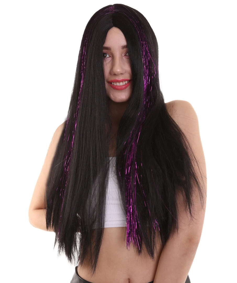 HPO Womens Long Black Wig With Purple Tinsel Streaks | Halloween Rave Wig | Premium Breathable Capless Cap