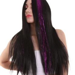 HPO Womens Long Black Wig With Purple Tinsel Streaks | Halloween Rave Wig | Premium Breathable Capless Cap