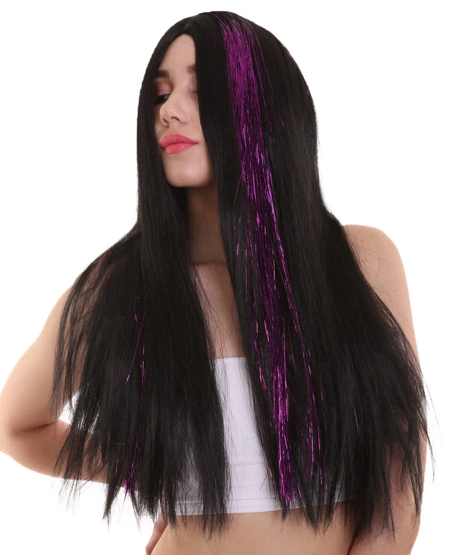 HPO Womens Long Black Wig With Purple Tinsel Streaks | Halloween Rave Wig | Premium Breathable Capless Cap