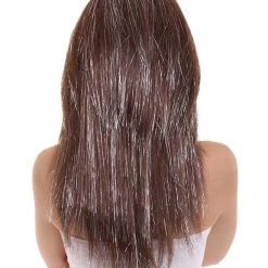 HPO Women's 60's Brunette Bouffant With Silver Tinsel Highlights | Halloween Rave Wig | Premium Breathable Capless Cap