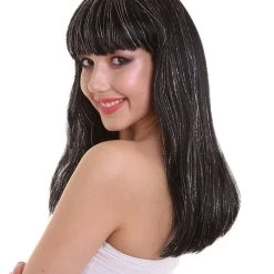 HPO Womens Long Black 90's Bob With Silver Tinsel Highlights | Halloween Rave Wig | Premium Breathable Capless Cap