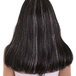 HPO Womens Long Black 90's Bob With Silver Tinsel Highlights | Halloween Rave Wig | Premium Breathable Capless Cap