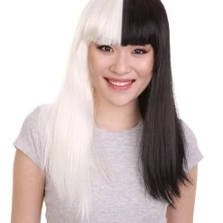 HPO Men's Black And White Long Womens Wig | Half And Half Cosplay Halloween Wig | Premium Breathable Capless Cap