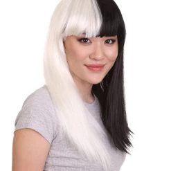 HPO Men's Black And White Long Womens Wig | Half And Half Cosplay Halloween Wig | Premium Breathable Capless Cap