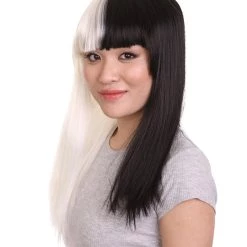 HPO Men's Black And White Long Womens Wig | Half And Half Cosplay Halloween Wig | Premium Breathable Capless Cap