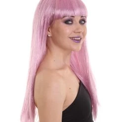 HPO Women's Womens Long Baby Pink Wig With Tinsel Highlights | Halloween Rave Wig | Premium Breathable Capless Cap
