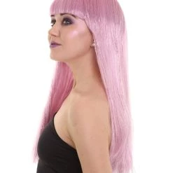 HPO Women's Womens Long Baby Pink Wig With Tinsel Highlights | Halloween Rave Wig | Premium Breathable Capless Cap