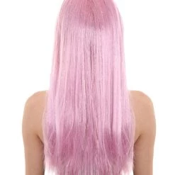 HPO Women's Womens Long Baby Pink Wig With Tinsel Highlights | Halloween Rave Wig | Premium Breathable Capless Cap
